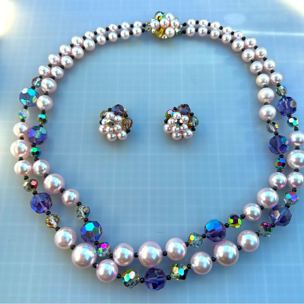 Vintage Faux Pearl & Aurora Borealis Crystal Necklace & Clip Earring Set – EUC